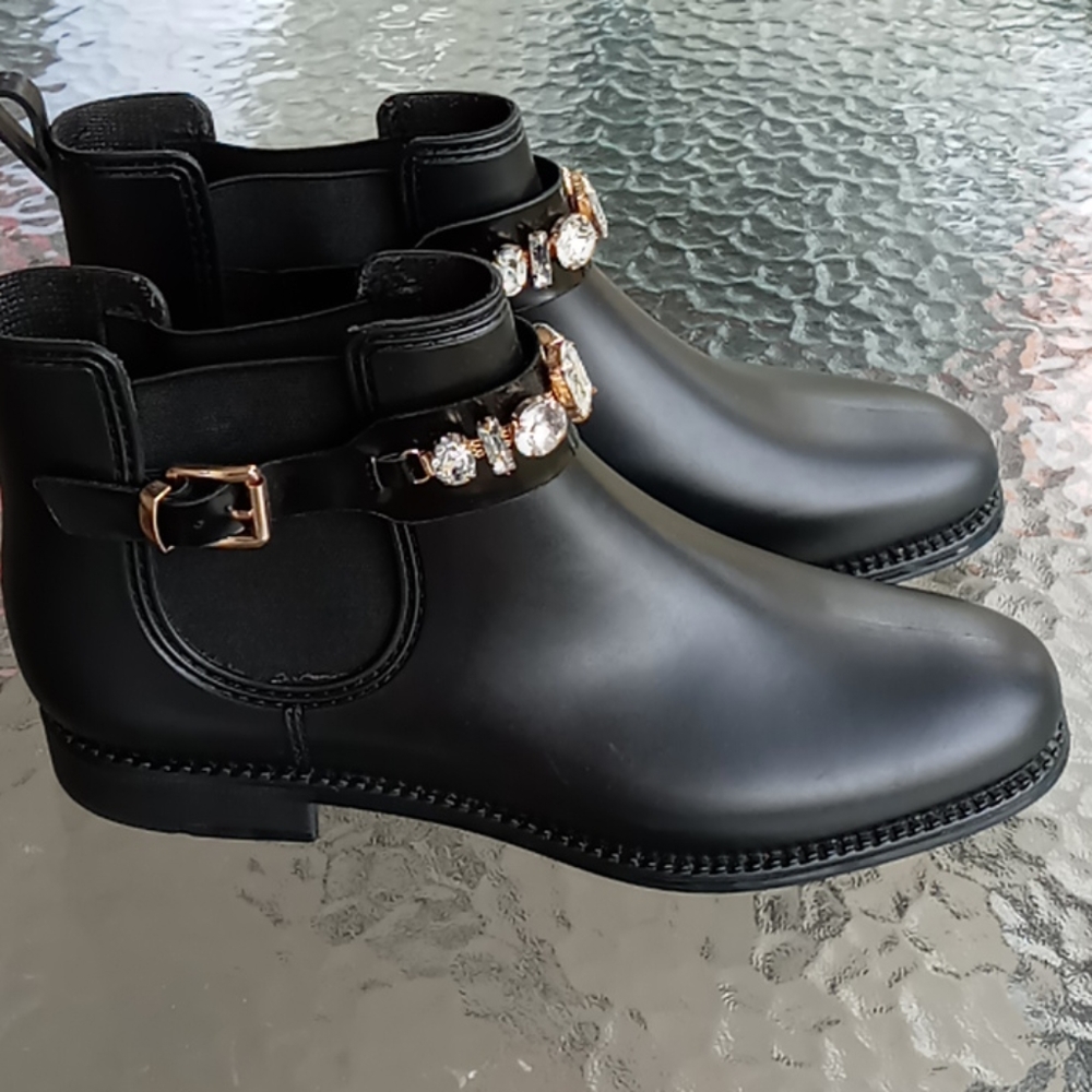 Henry Herrera Black Jeweled Ankle Rain Boots - Picture 2 of 9
